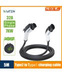WUFEN EV Charging Cable Type2 To Type1 Charging Station Female To Male Electric Vehicle Cord 32A 7.2KW 1P Car Charging Cable 5M