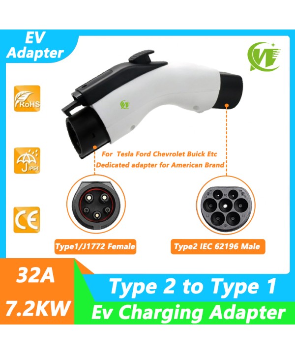 Type2 to Type1 EV Charger Adapter 32A Single Phase Compatible with Type 2 Charger for Electric Car with SAE J1772 Charging Socket