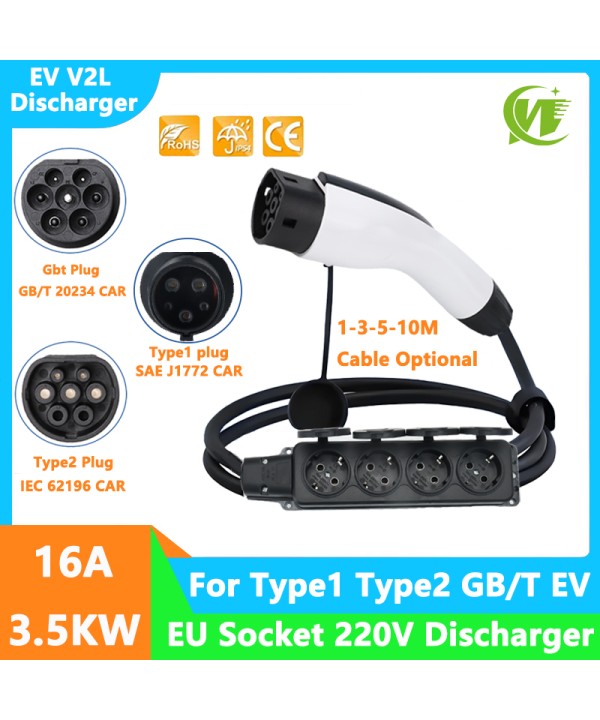 Portable EV Discharger Type2 IEC62196-2 16A EVSE Charging Cable Type1 SAE J1772 EV Charging EU Socket GBT V2L Discharger Power