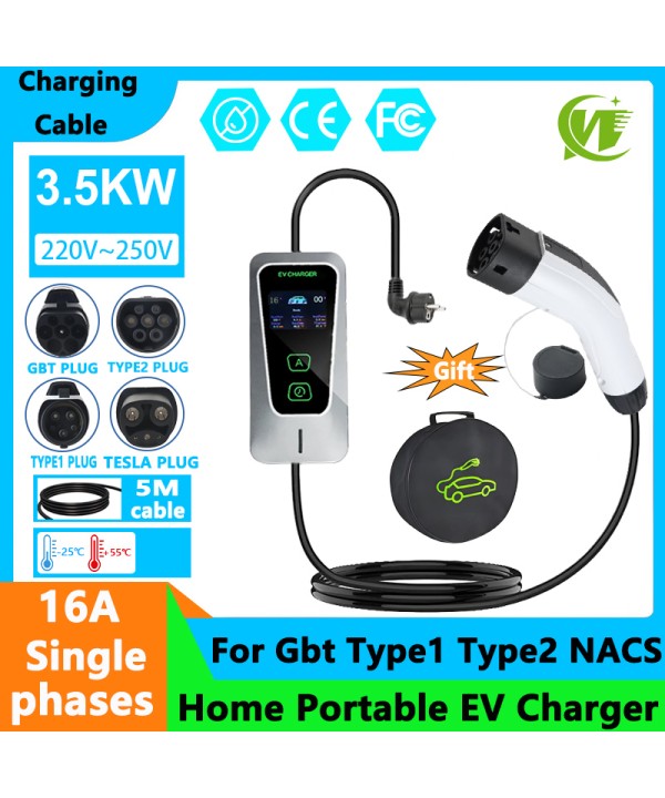 EV Charger Type2 Charger Portable Electric Vehicle Car Fast Charger 3.5KW 16A Type1 GBT Tesla Wallbox EVSE Charger Station