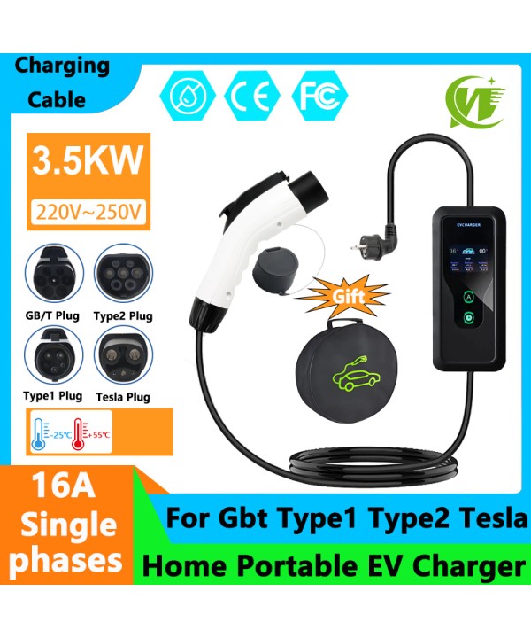 3600W Portable Type2 IEC62196-2 EV Charger Type1 SAE J1772 Electric Car Charger GBT EVSE Charging Cable Wallbox EU Plug
